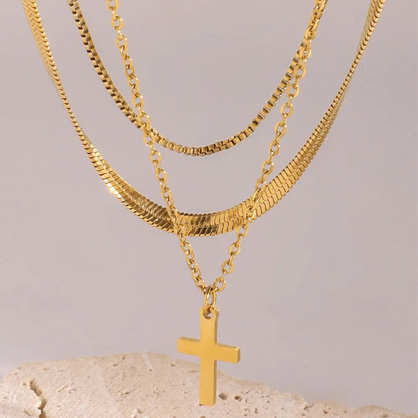 18K Gold-Plated Three-Layered Cross Necklace