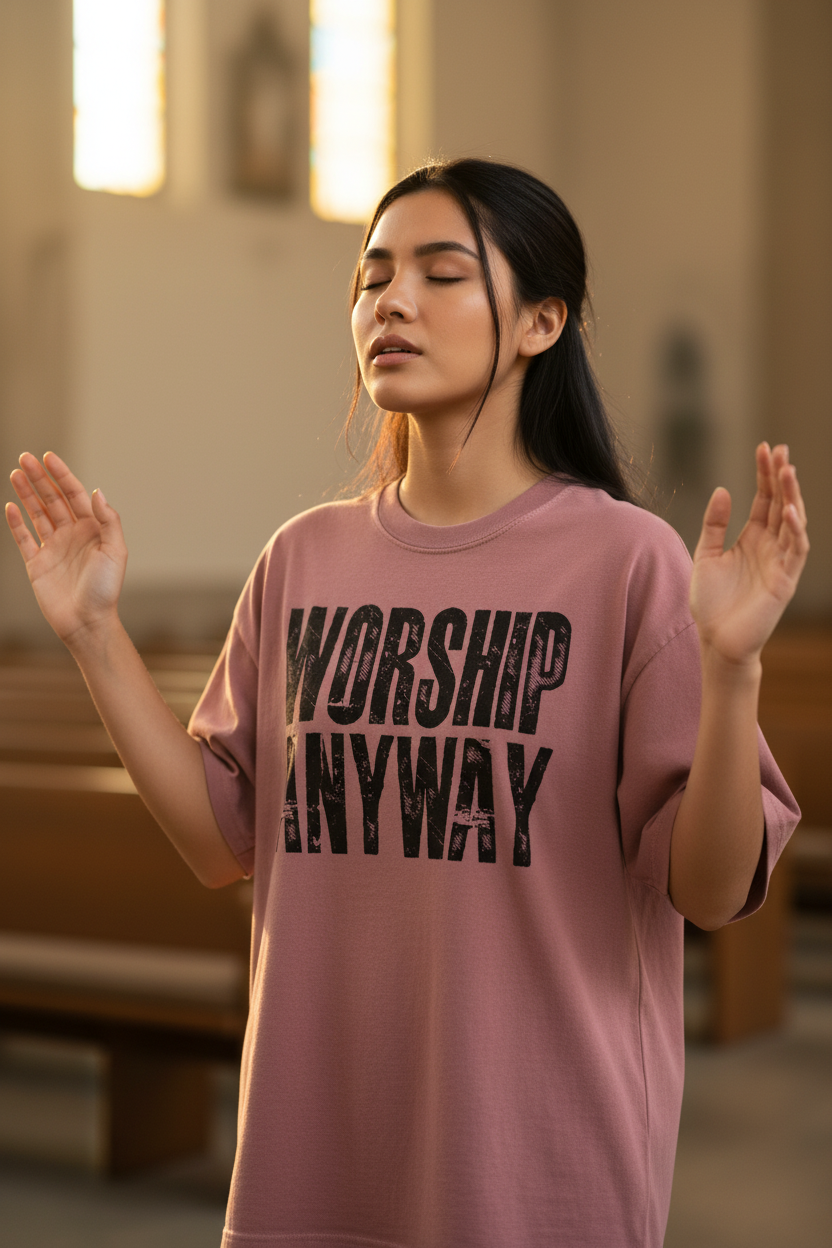 Worship Anyway - Oversized Enzyme Washed Christian T-Shirt