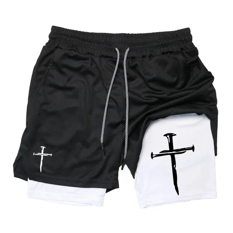 Cross Graphic 2-in-1 Workout Running Shorts for Men Christian Gym Performance Shorts with Phone Pocket Towel Loop Active Wear