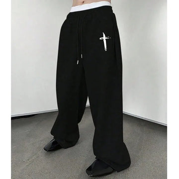 Men's Black Jogging Pants, Simple White Cross Print, Casual Sweatpants Elastic Waist Drawstring Pants Corduroy Fabric Streetwear