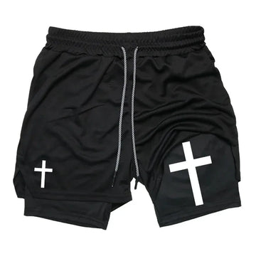 Cross Graphic 2-in-1 Workout Running Shorts for Men Christian Gym Performance Shorts with Phone Pocket Towel Loop Active Wear