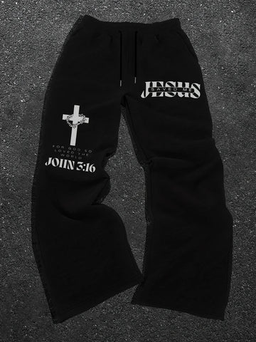 Men's Jesus Bible print drawstring sweatpants with cross pattern, casual and comfortable for jogging, classic and versatile