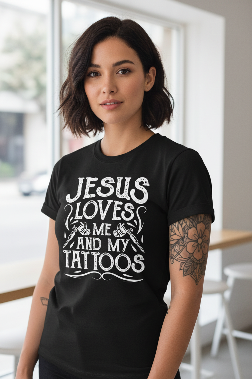 Jesus Loves Me And My Tattoos Graphic Christian Tee