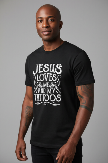 Jesus Loves Me And My Tattoos Graphic Christian Tee