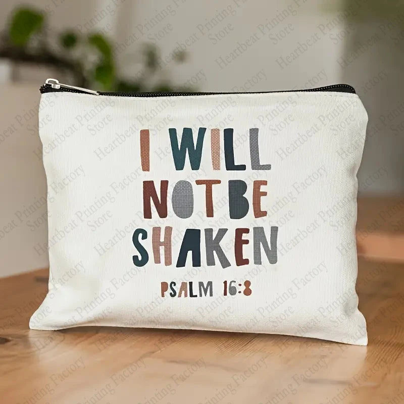 Christian Bible Verse PSALM 16:8 I Will Not Be Shaken Inspirational Quote Makeup Bag Cosmetic Bags Christian Gifts for Women