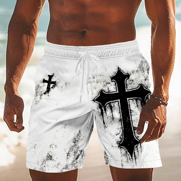 Men's Cross Religion Printed Board Shorts, Mid Waist Retro Drawstring Swim Trunks with Side Pockets, Daily Vacation Wear Summer