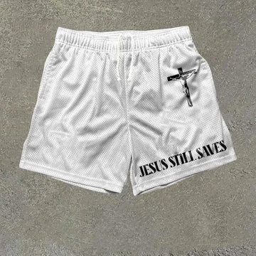 Summer Casual Shorts Pocket Drawstring "JESUS STILL SAVES" Cross Graphic Print Easter Sports Breathable Short Beach Pants Moto
