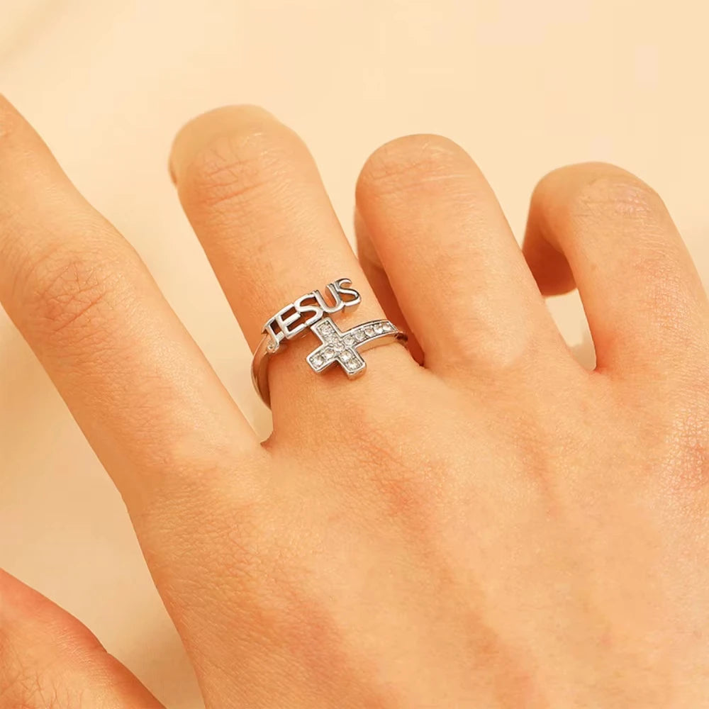 Exquisite Jesus Cross Silver Color Open Ring Christian Zircon Jewelry Daily Letter I Can Do All Thing Women Prayer Blessing Gift
