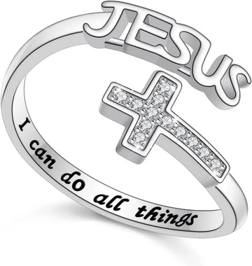 Exquisite Jesus Cross Silver Color Open Ring Christian Zircon Jewelry Daily Letter I Can Do All Thing Women Prayer Blessing Gift