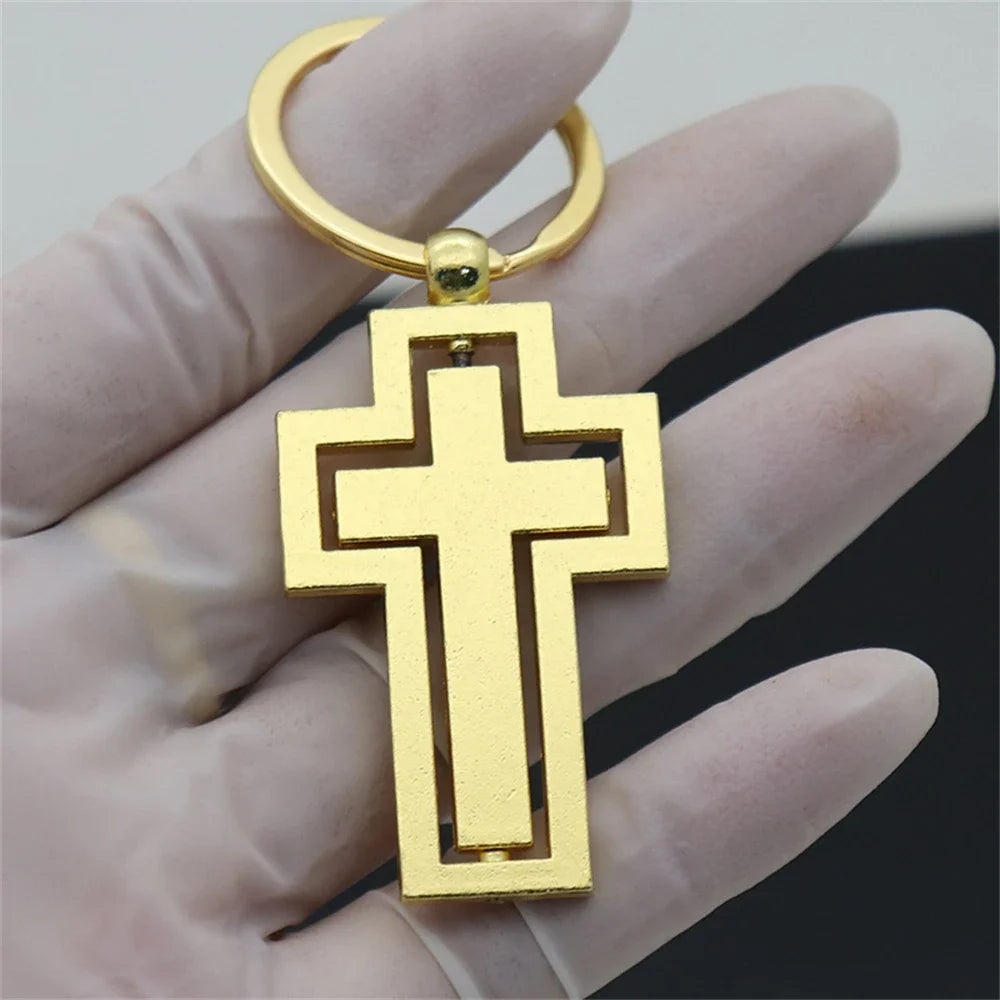 360 Degree Rotating Cross Keychain Hollow Metal Jesus Keychain Couple Car Key Holder Bag Pendant Festival Party Religious Gifts